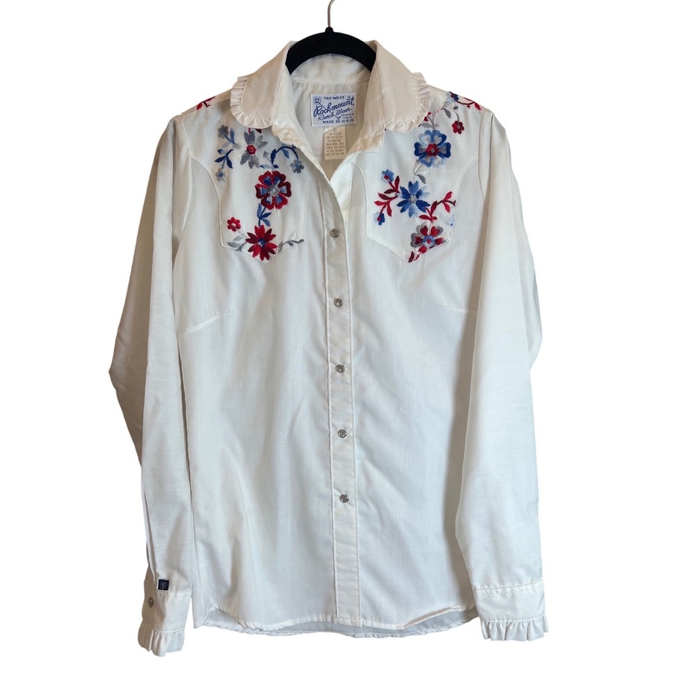 Vintage Rockmount Ranch Wear White Floral Embroidered Pearl Snap Western Shirt L